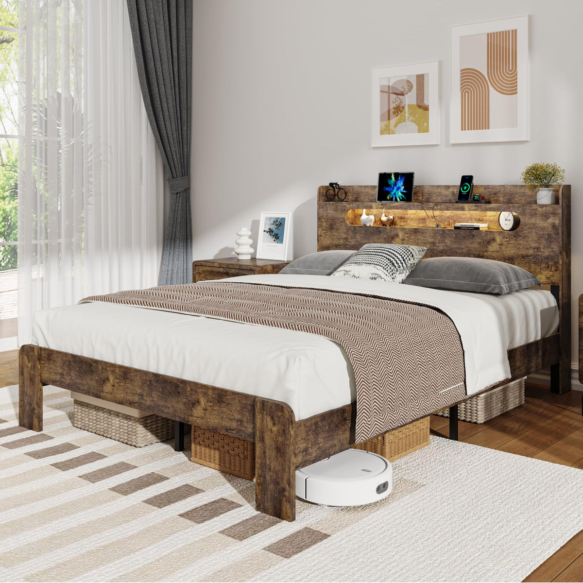 Queen Size Wood Bed Frame with Storage Headboard U113