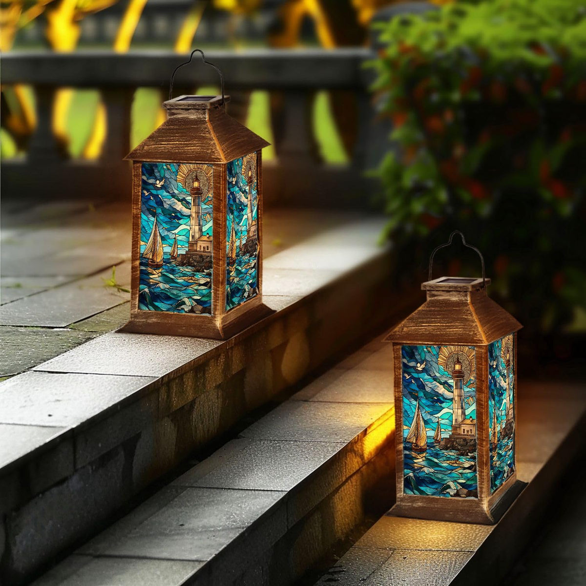 Solar Lantern Stained Glass Outdoor Waterproof Hanging Solar Light Z2304