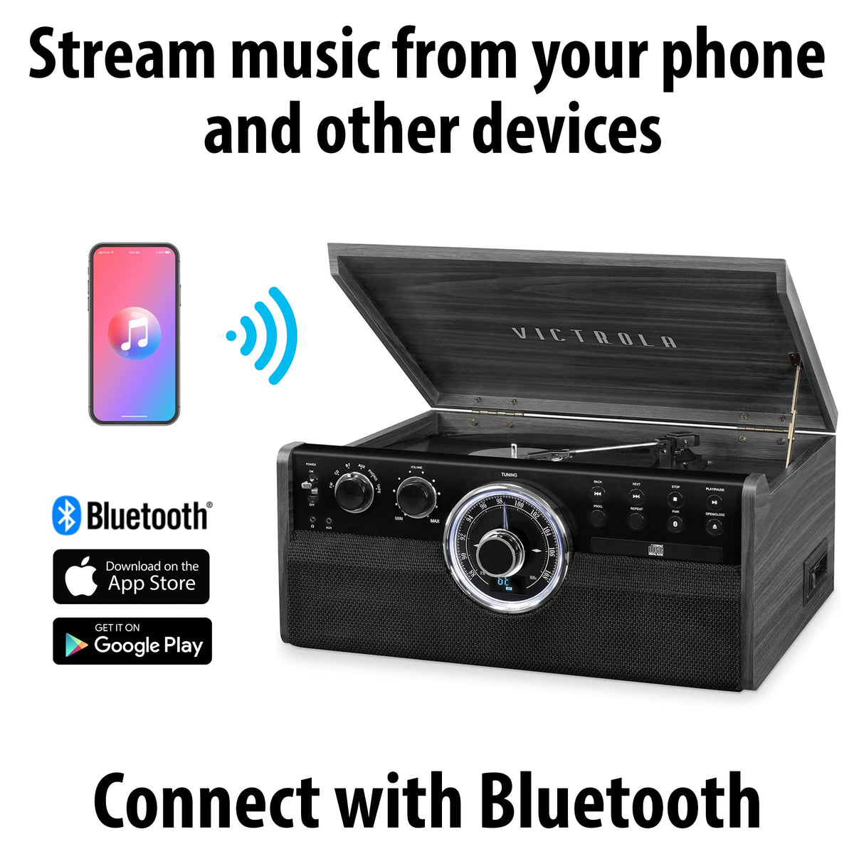 Black 6-in-1 Bluetooth Record Player with Stand A6630