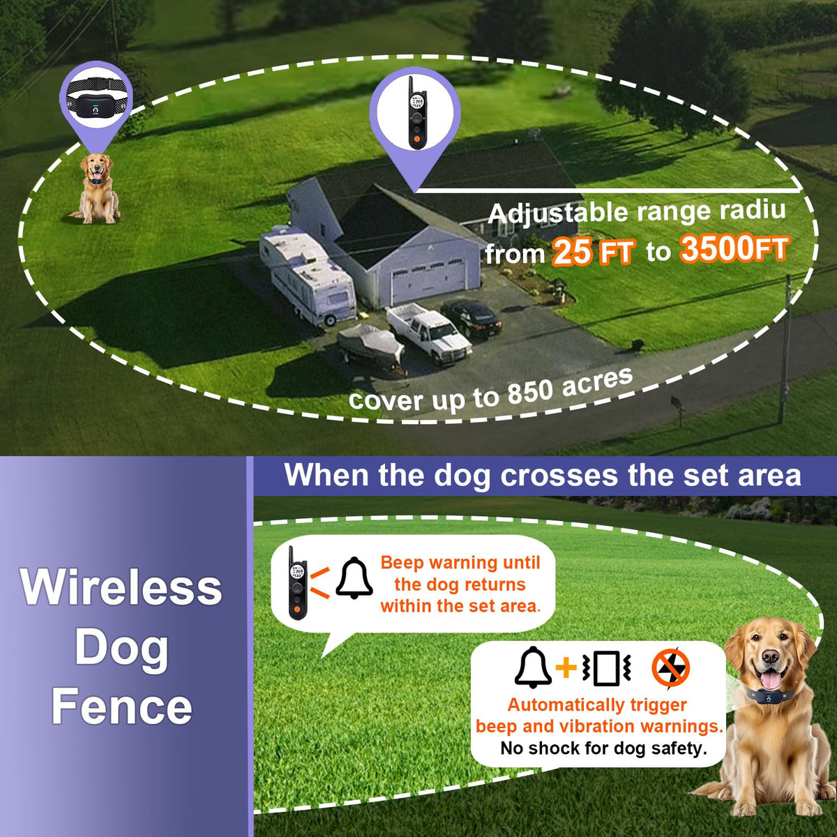 Wireless Dog Fence for 2 Dogs with Waterproof Collar V8399
