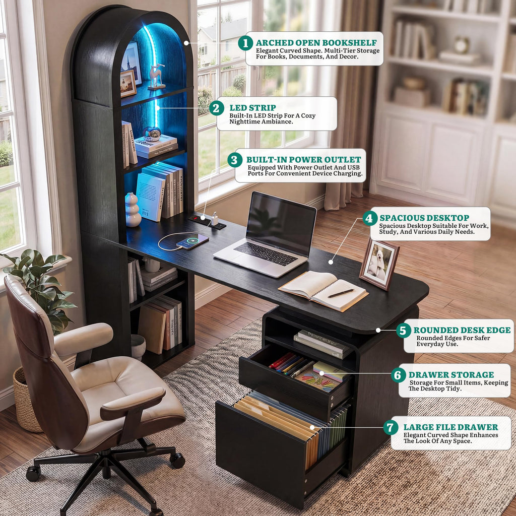 59" Computer Desk with LED Lights & Power Outlets, Black Q860070