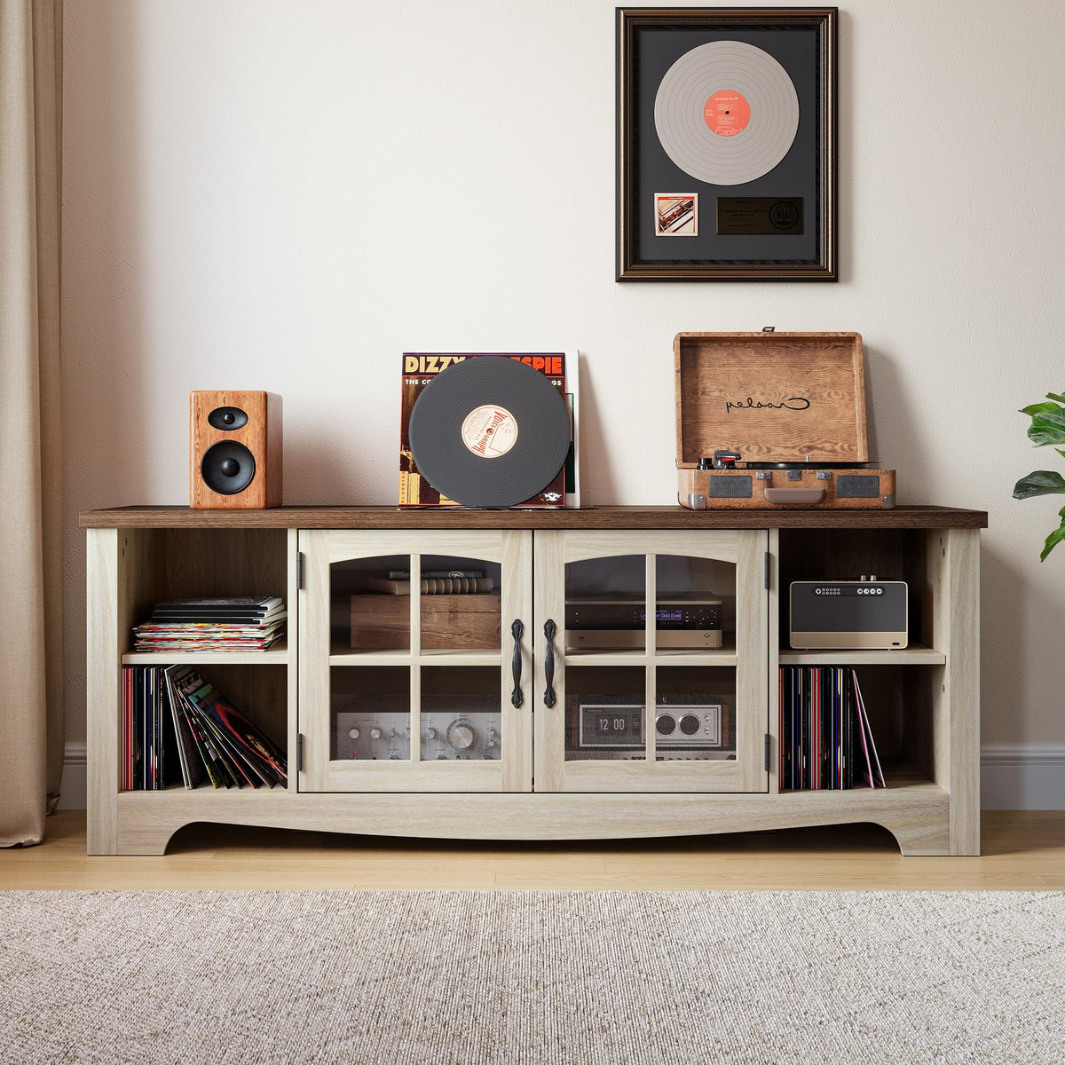 Farmhouse Wood TV Stand for 65 Inch TV with Glass Door Storage Cabinet Y5917