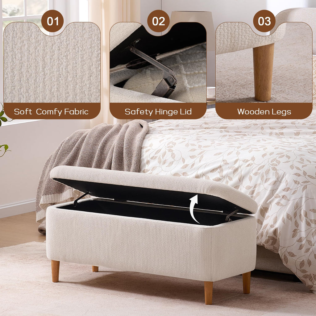 Beige Upholstered Storage Ottoman with Wooden Legs B69533