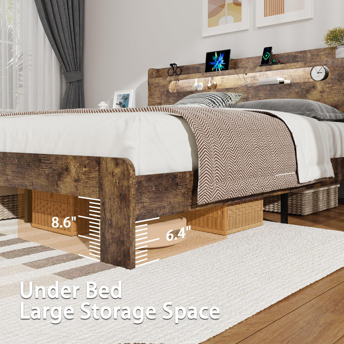 Queen Size Wood Bed Frame with Storage Headboard U113