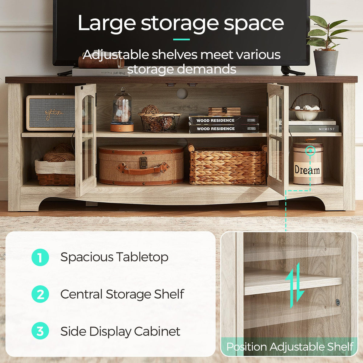 Farmhouse Wood TV Stand for 65 Inch TV with Glass Door Storage Cabinet Y5917