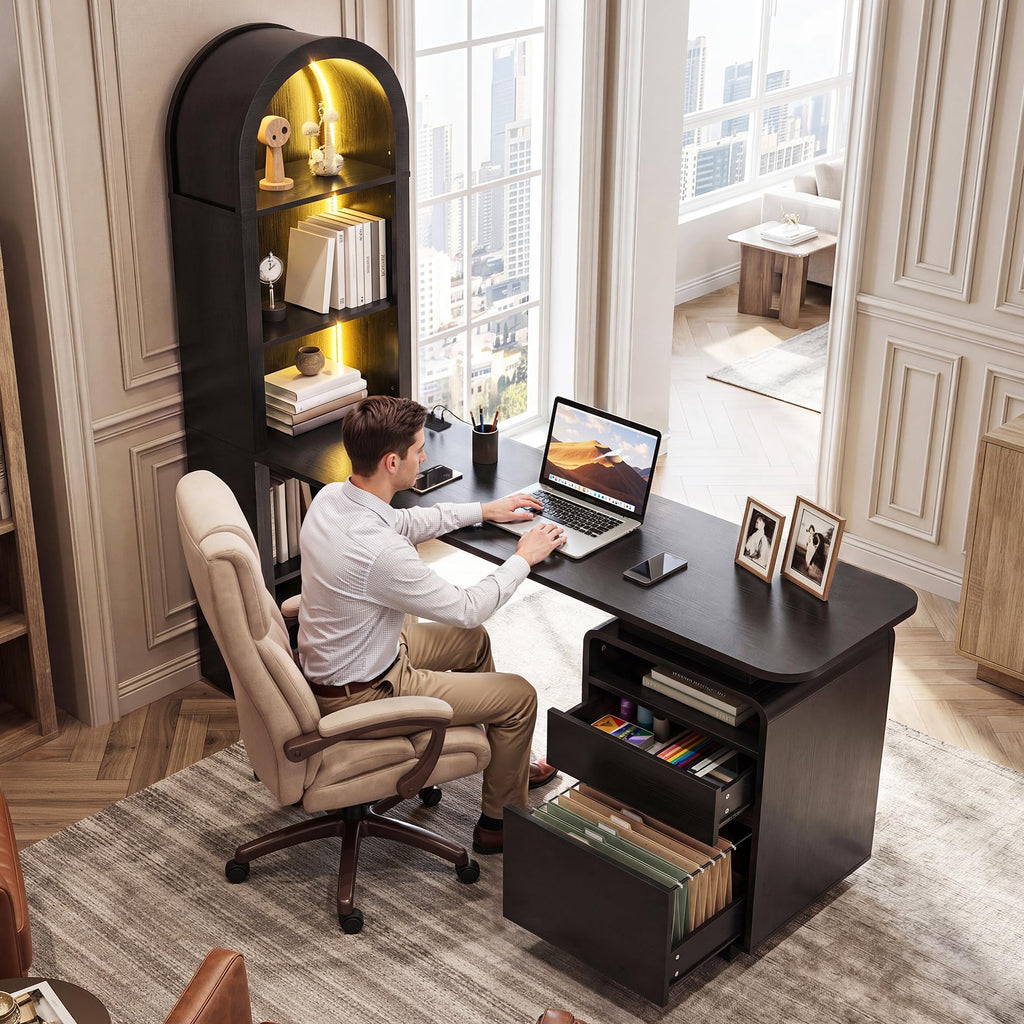 59" Computer Desk with LED Lights & Power Outlets, Black Q860070