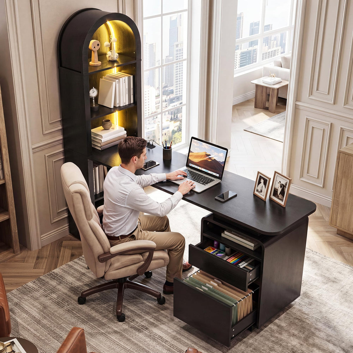 59" Computer Desk with LED Lights & Power Outlets, Black Q860070